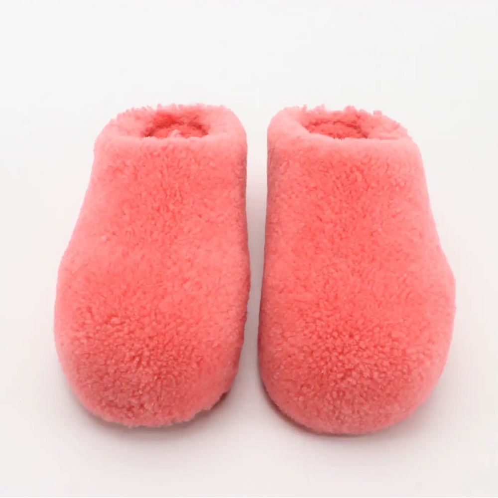 Amina Muaddi Giuly Platform Slipper Mules in Pink Shearling, New in Box